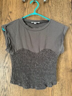 MARBLE Charcoal Smocked Crop Top with Cap Sleeves